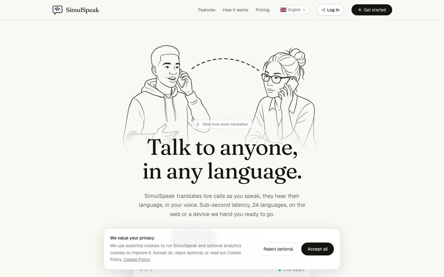 SimulSpeak · real-time translated calls in your own voice